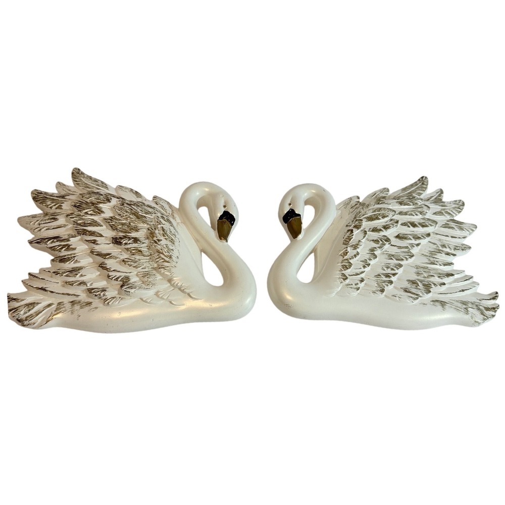 VTG PAIR (2) Ceramic MCM Chalkware Swans Wall Decor Pearlized 10" x 7.5" READ